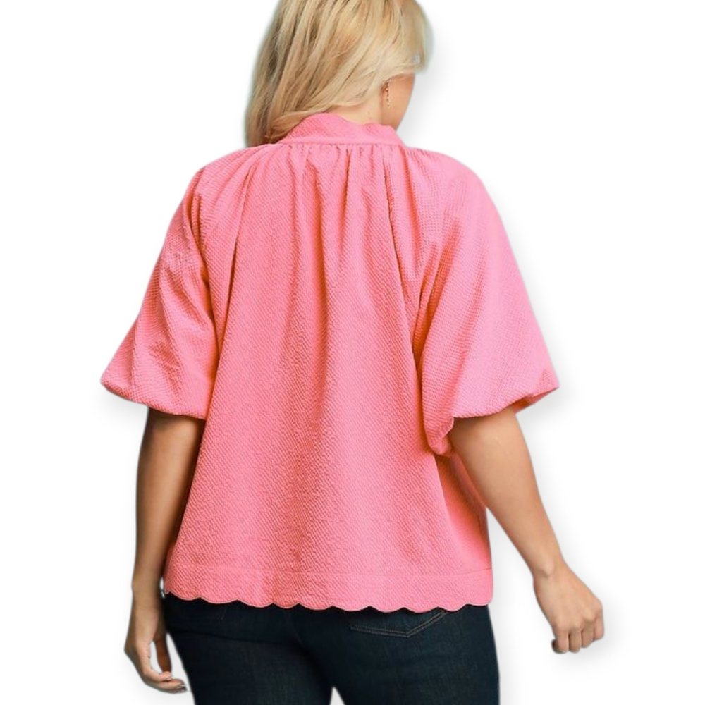 Umgee Bubble Sleeved Scalloped Seersucker Blouse, Various Sizes, NWT - Picture 3 of 3